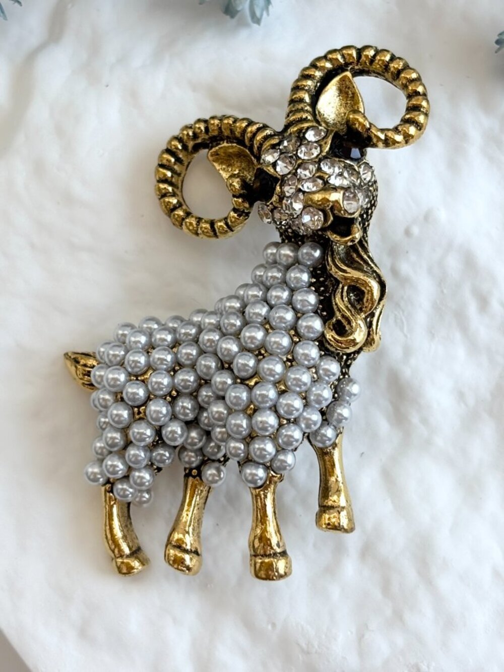 Goat Figural Gold Toned Pearl Accented Vintage Style Textured Brooch Pin - Picture 3 of 15